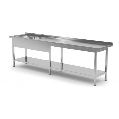 Stół z dwoma zlewami po prawej i półką-wzmocniony 2300x600x850 Stół z dwoma zlewami po prawej i półką-wzmocniony 2300x600x850