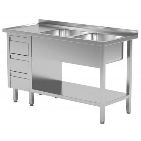Stół z dwoma zlewami po prawej, 3 szuflady i półką 2000x600x850 Stół z dwoma zlewami po prawej, 3 szuflady i półką 2000x600x850