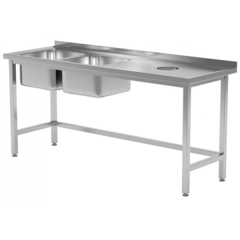 Stół z 2 zlewami po prawej, otwór na odpadki 1800x600x850 Stół z 2 zlewami po prawej, otwór na odpadki 1800x600x850