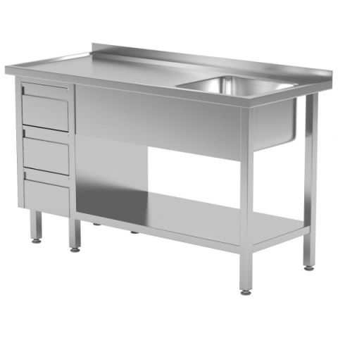 Stół ze zlewem, półką blok trzech szuflad komora po lewej 1500x600x850 Stół ze zlewem, półką blok trzech szuflad komora po lewej 1500x600x850
